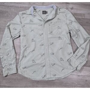 Hawkings McGill Mens Dinosaur Print Button Down Shirt Green Oxford Size M